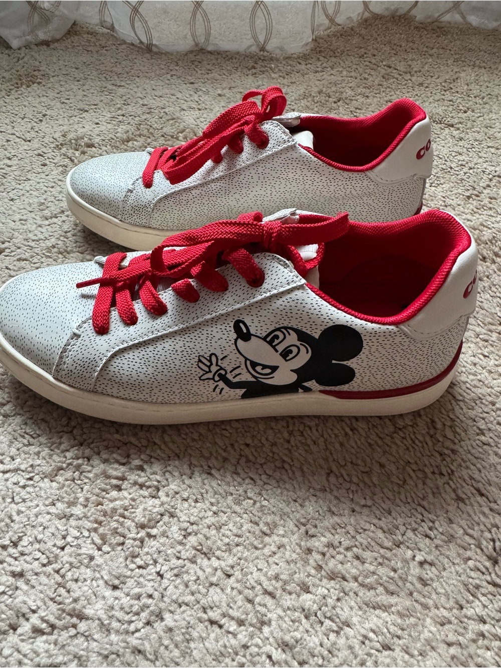 Coach Women's White Sneakers with Red Accents and Mickey Graphic